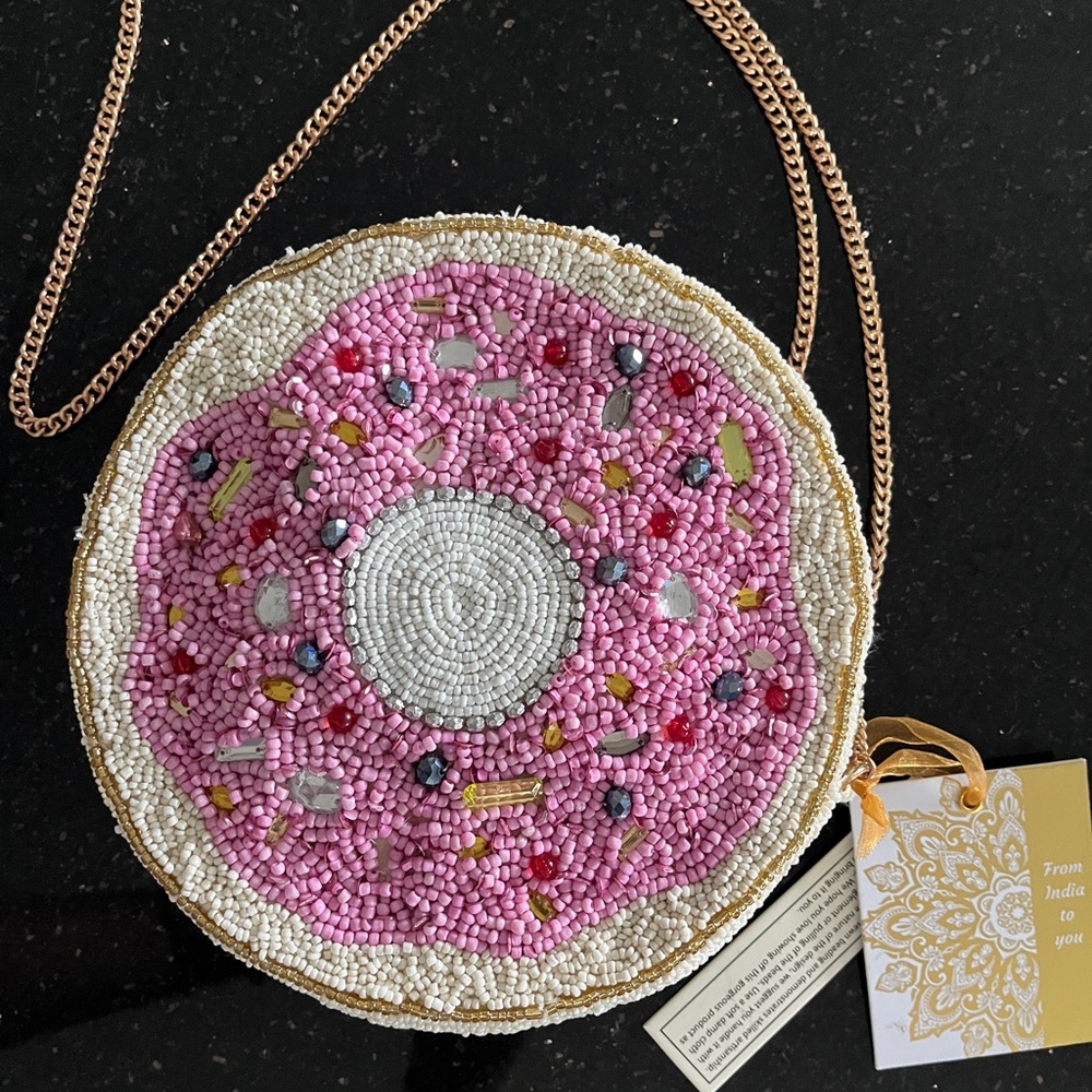Pink donut Beaded Round Crossbody Bag with Gold Chain